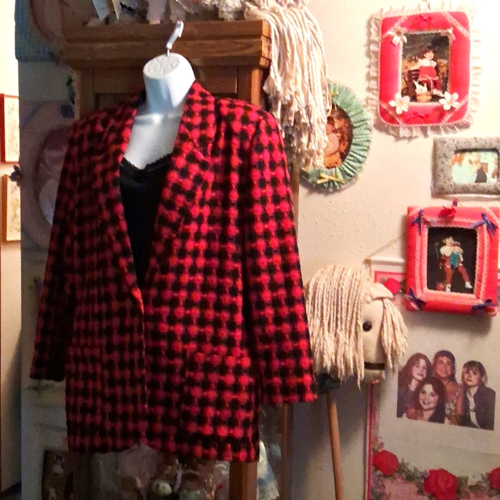 Vintage 80s,Red & Black,Plaid,Tweedy Blazer/Jacket/Removeable Shoulder Pads❤️🖤❤